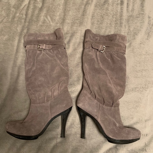 Michael Kors Shoes Michael Kors Gray Suede Knee High Heeled Boots Poshmark
